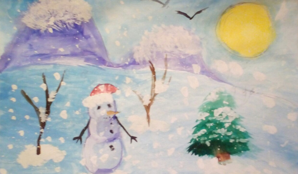 Детский рисунок - Снеговик в ожидании чуда