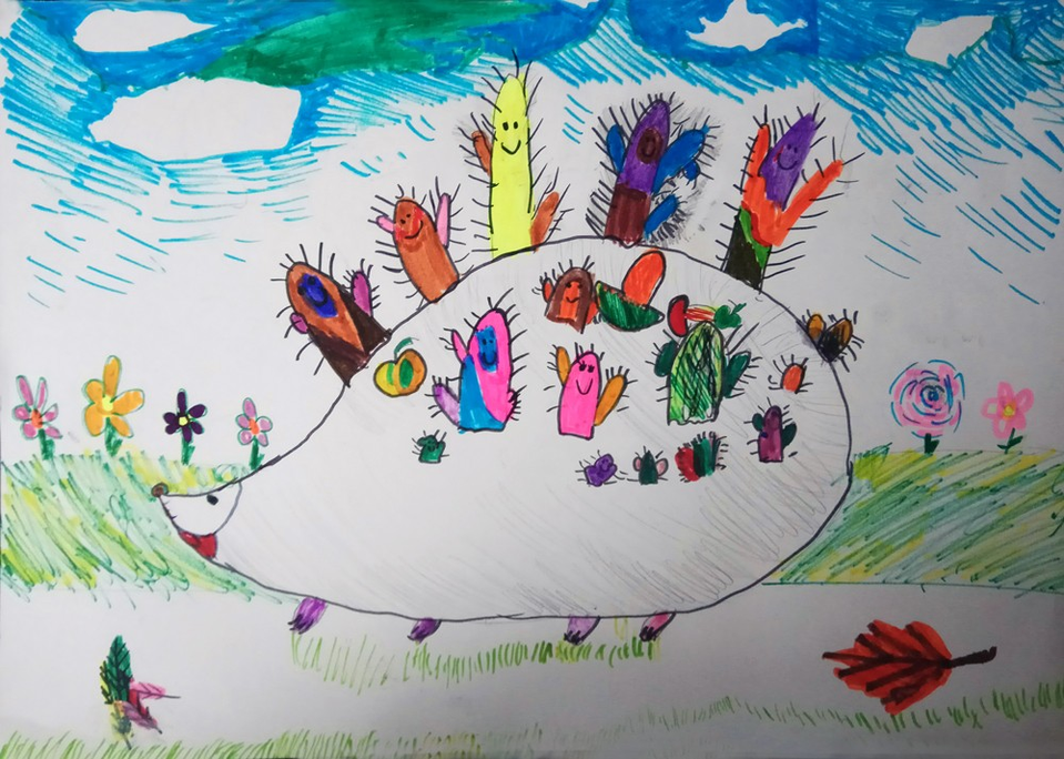 Детский рисунок - Ежик с кактусами
