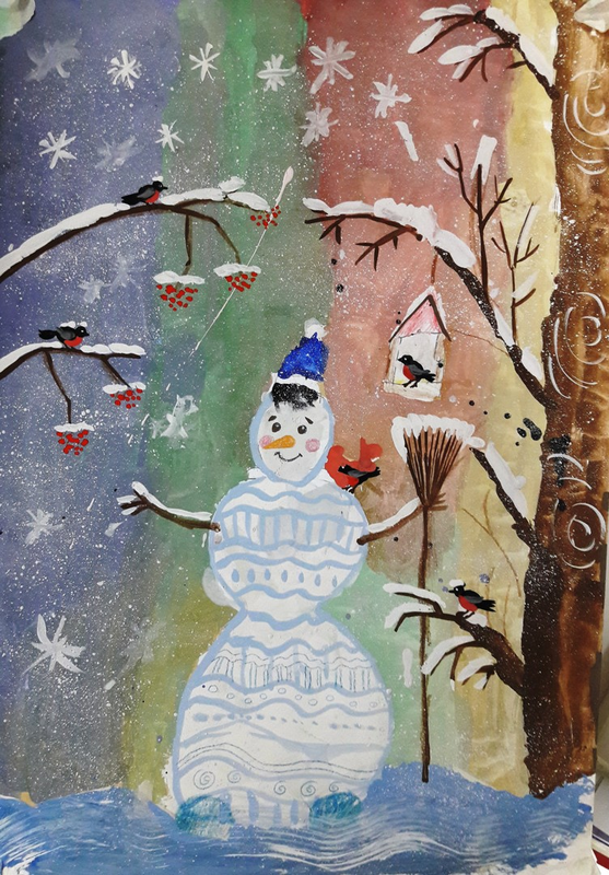 Детский рисунок - Снеговик кормит птиц