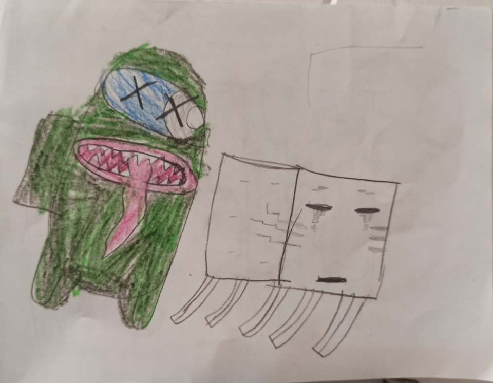 Детский рисунок - Minecraft vs Among us