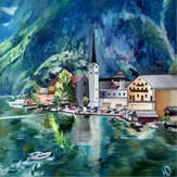 Рисунок "Флюелен Городок в Альпах"
