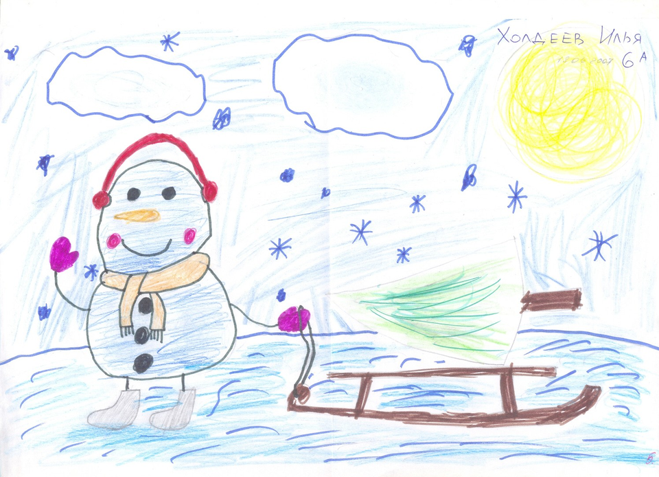 Детский рисунок - снеговик везёт санки с ёлочкой