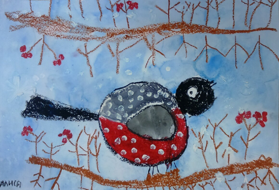 Детский рисунок - Снегирь на веточке