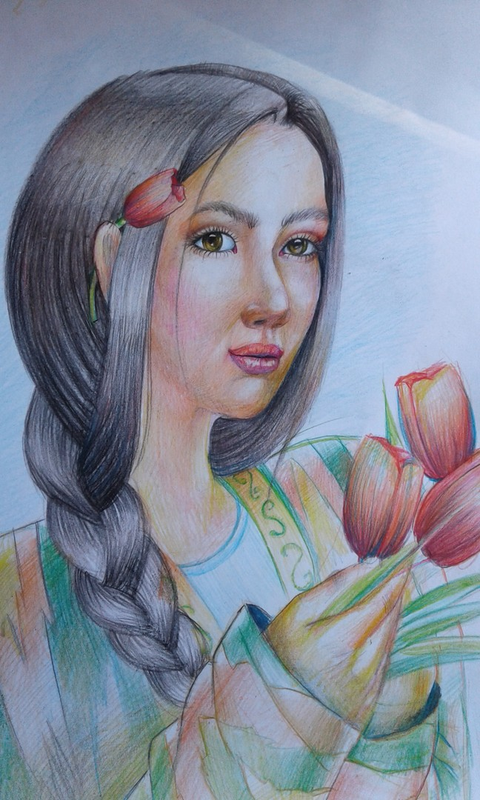 Детский рисунок - девушка с тюльпанами