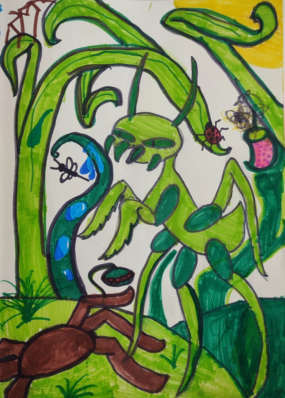 Детский рисунок - Богомол и хищный лес