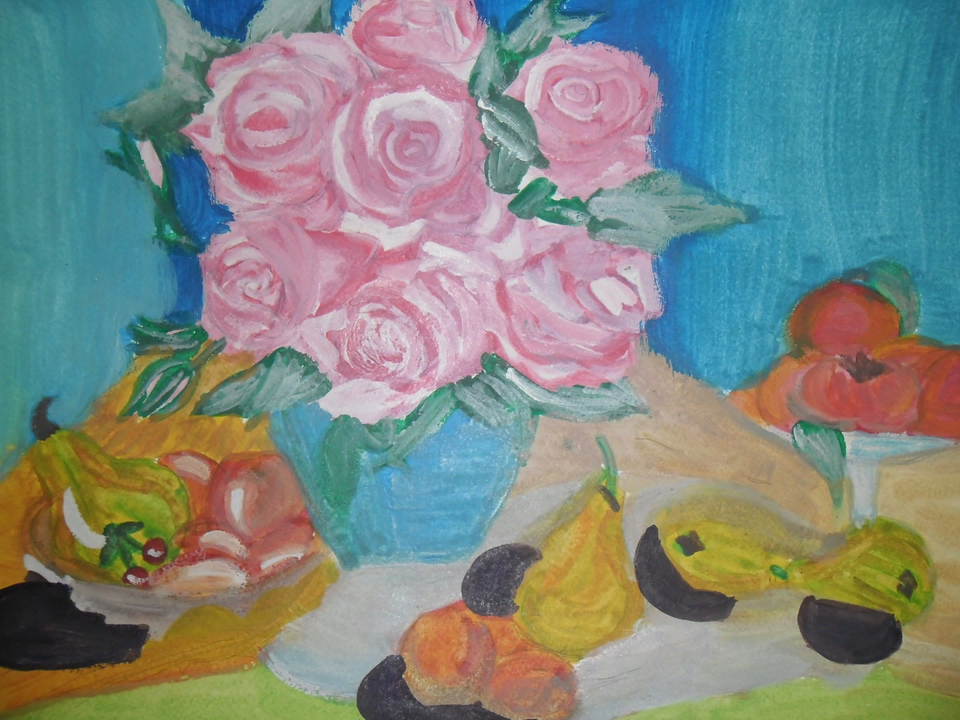 Детский рисунок - Натюрморт с розами
