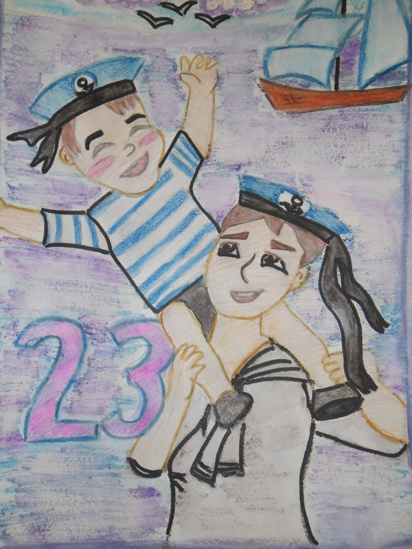 Детский рисунок - Малыш и папа-моряк