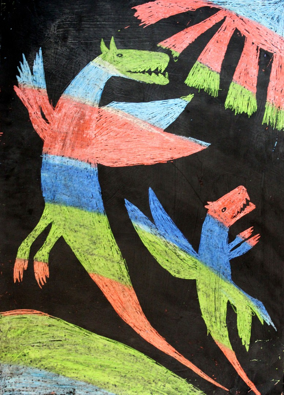 Детский рисунок - Полёт радужных динозавров