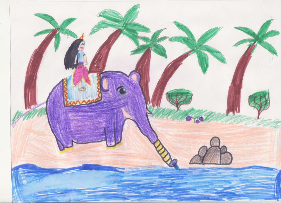 Детский рисунок - Путешествие со слоником