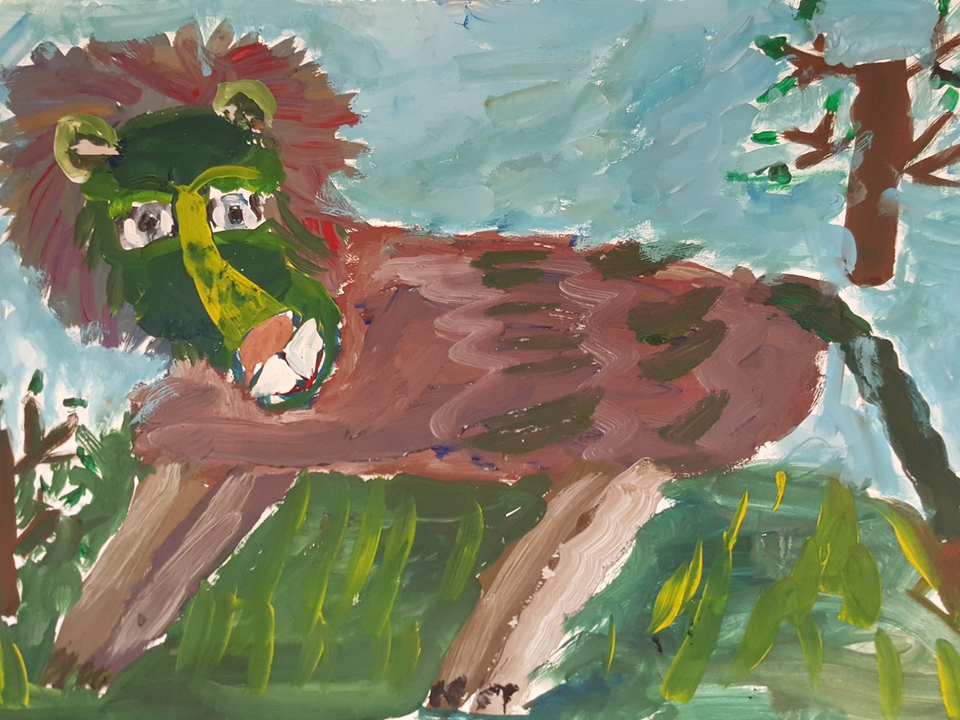 Детский рисунок - Сказочный зеленый лев