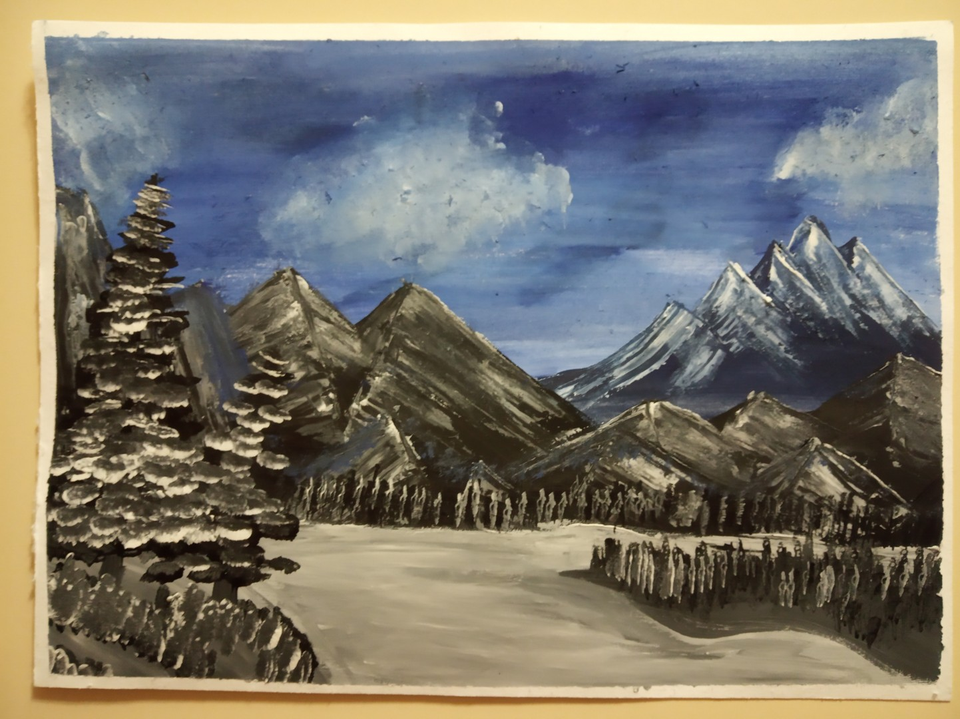 Детский рисунок - зима в горах