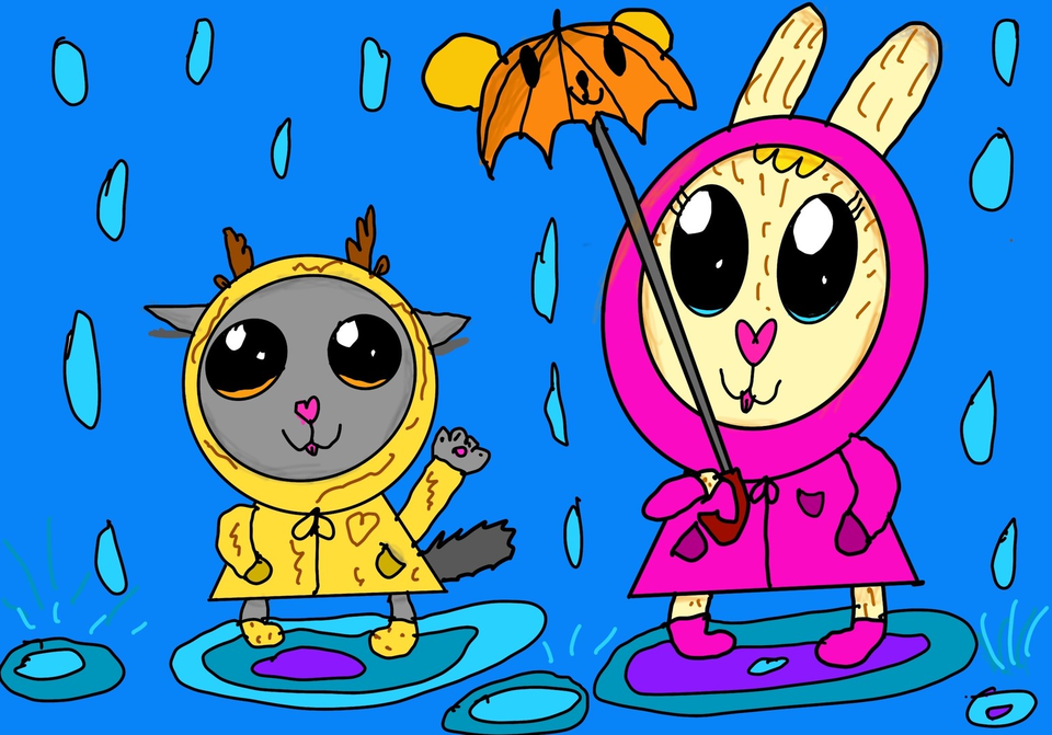 Детский рисунок - Зайчик и Мурка под дождем