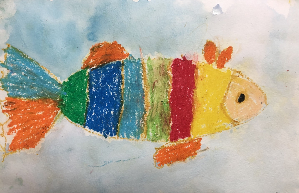 Детский рисунок - Радужная волшебная рыбка