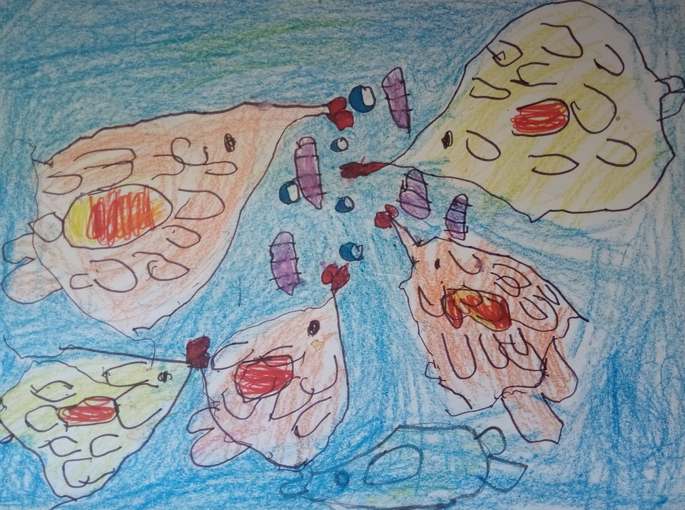 Детский рисунок - Обед в аквариуме