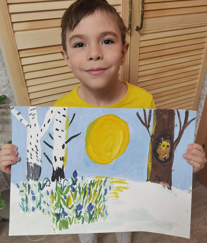 Детский рисунок - Первоцветы в лесу