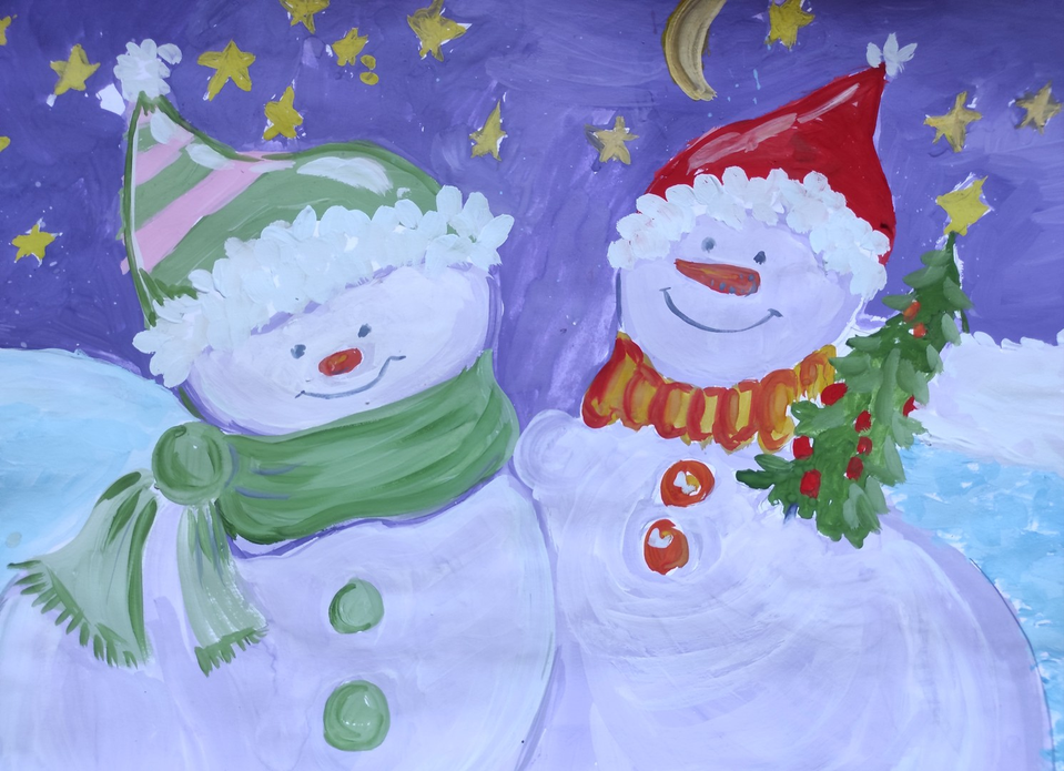 Детский рисунок - Весёлые снеговики