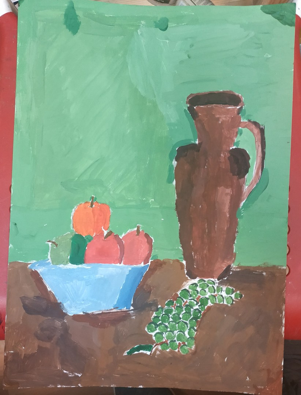 Детский рисунок - Яблочки с вазой