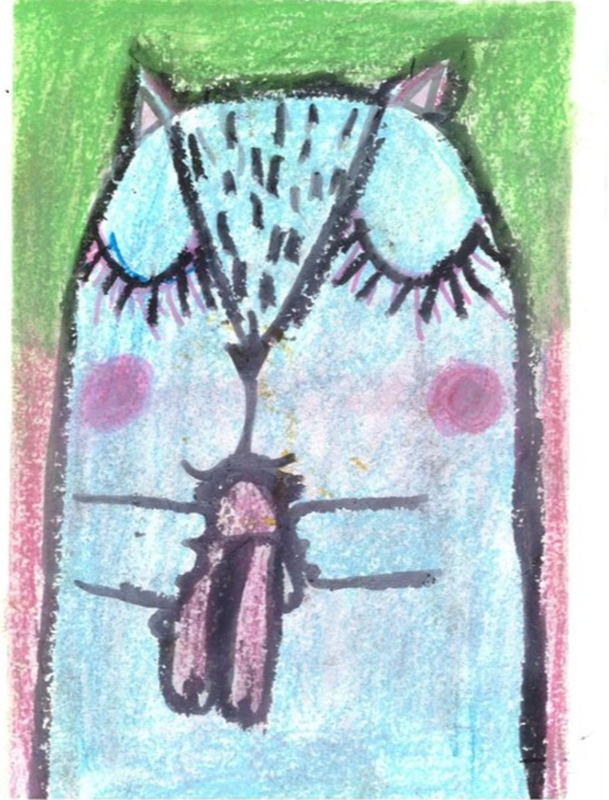 Детский рисунок - Мама кошка и котенок