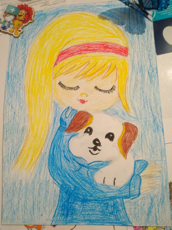 Детский рисунок - Девочка и щенок