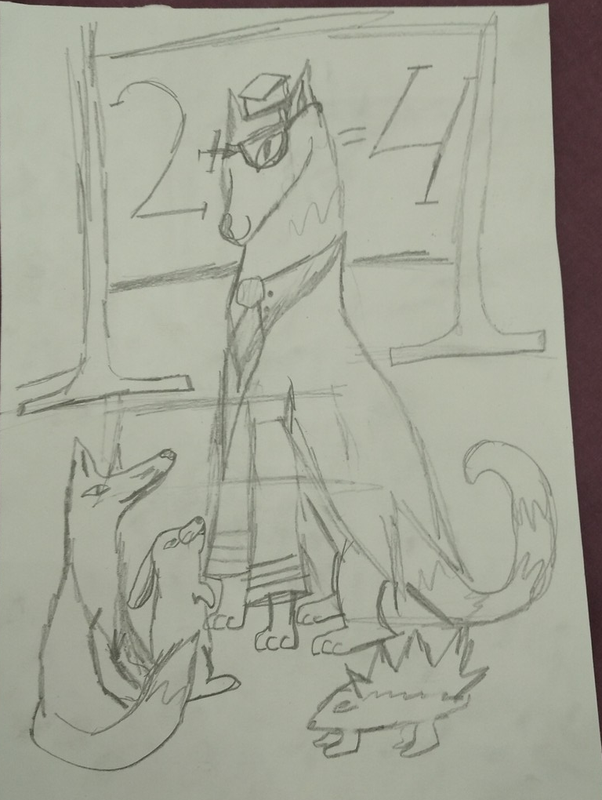 Детский рисунок - котик-учитель