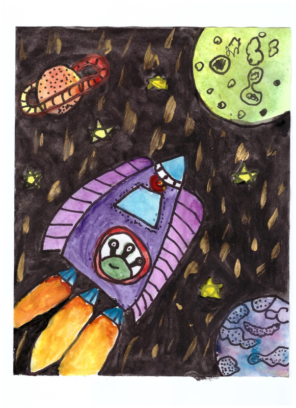 Детский рисунок - Полет в космосе