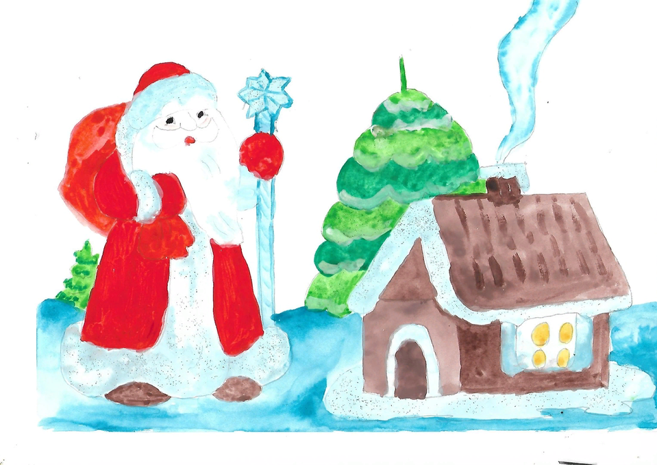 Детский рисунок - Дедушка Мороз с подарками