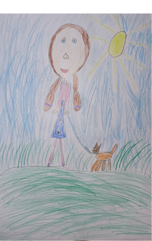Детский рисунок - кошка на прогулке
