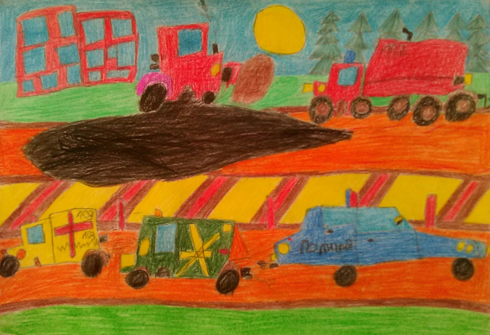 Детский рисунок - Каток ровняет асфальт по дороге