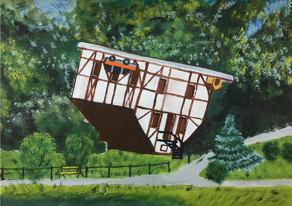 Детский рисунок - Перевернутый домик в парке Юность