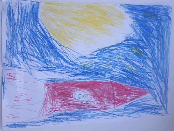 Детский рисунок - Ракета и луна