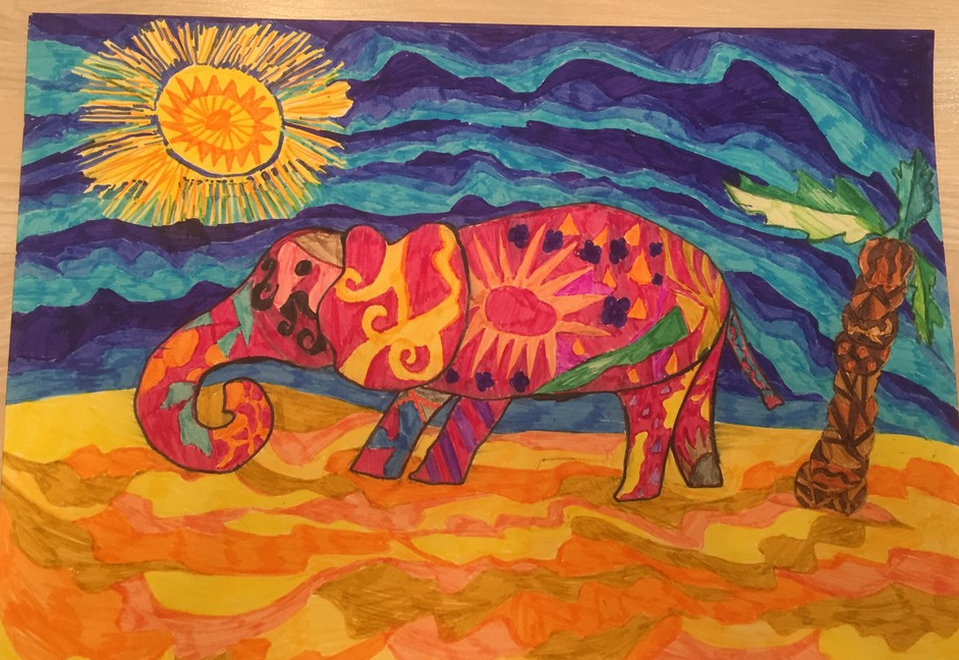 Детский рисунок - Путешествие слоника