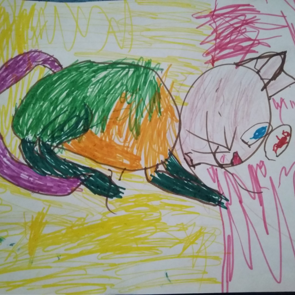 Детский рисунок - Киса ловит мышку