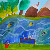 Рисунок "Рыбалка у речки" на конкурс "Конкурс детского рисунка “Мой родной, любимый край”"
