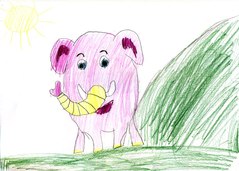 Детский рисунок - Слоник готов помочь принцессе Аните