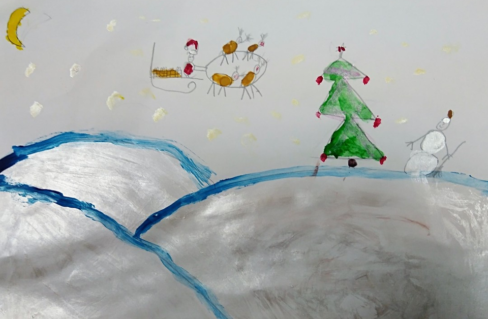 Детский рисунок - Дед Мороз с подарками