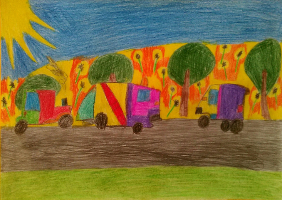 Детский рисунок - Артём на Кубани едет в фургоне
