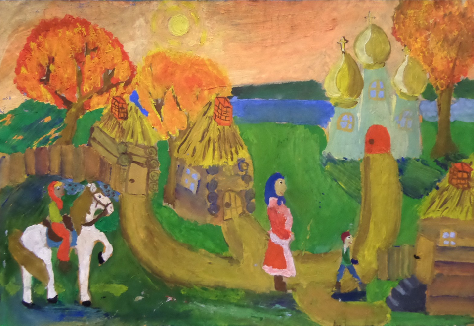 Детский рисунок - Осень в деревне