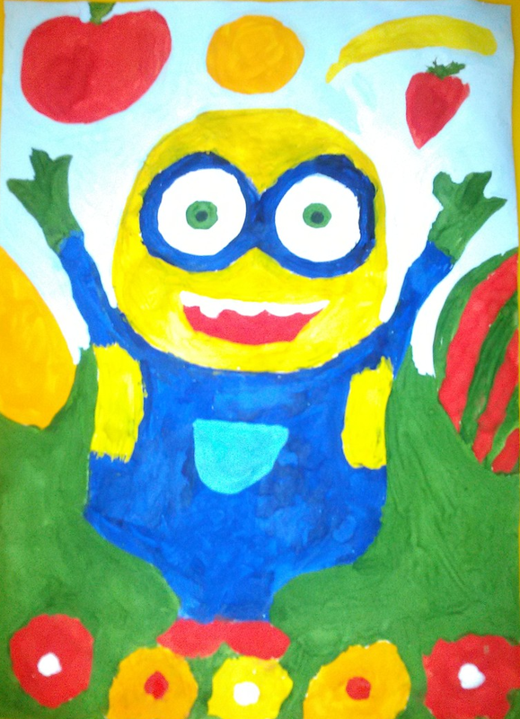 Детский рисунок - Миньон радуется фруктовому лету