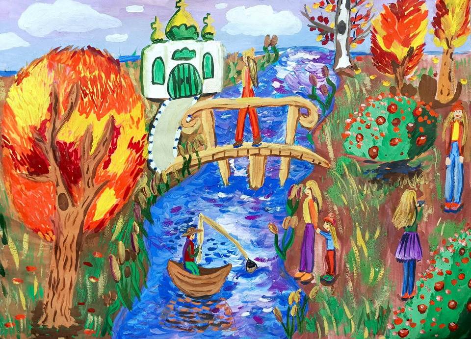 Детский рисунок - Прогулки осенью у реки