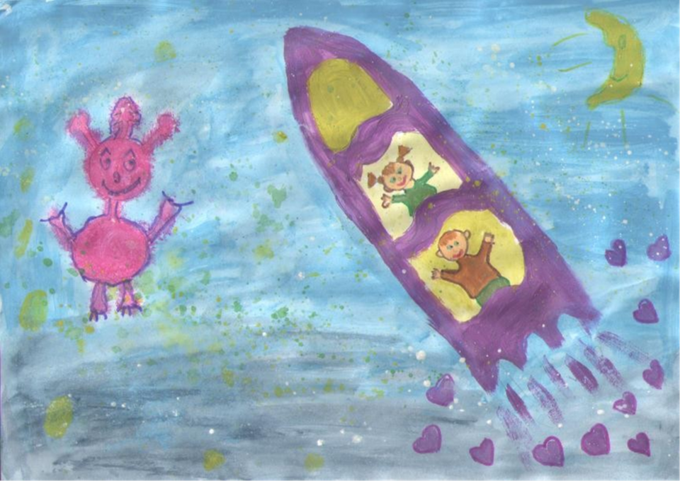 Детский рисунок - На ракете - на луну