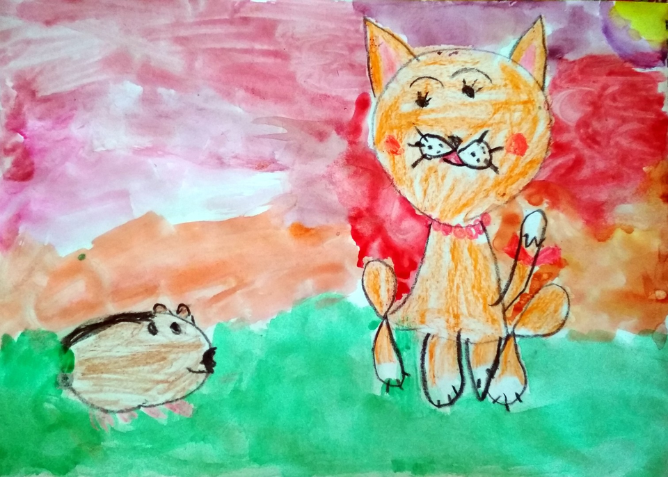 Детский рисунок - Хомячок Буся и кошка Ляля на закате