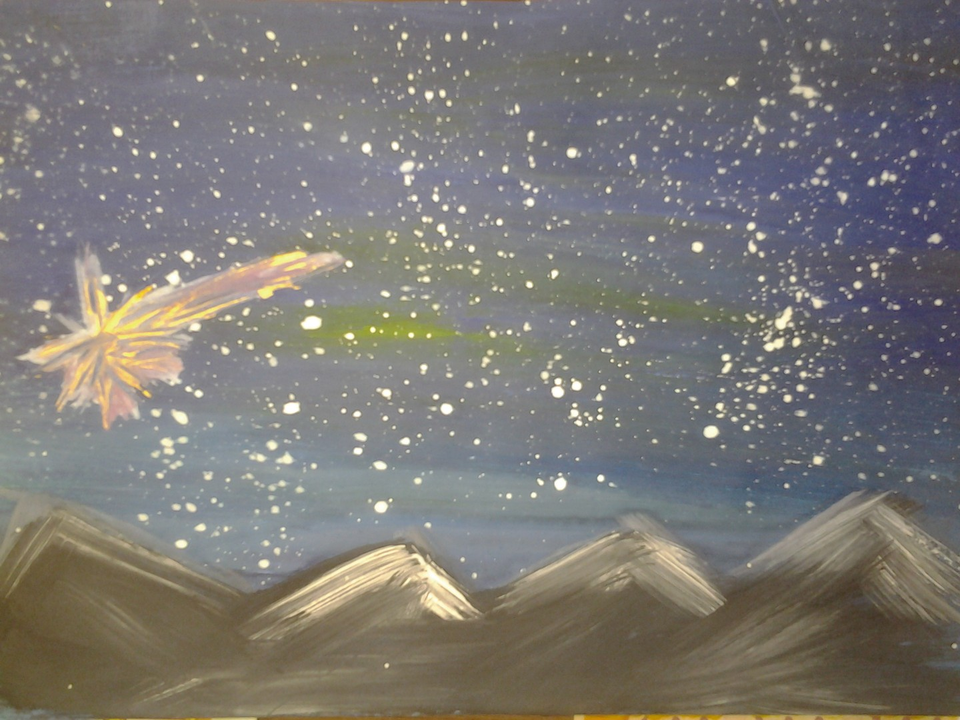 Детский рисунок - Ночное небо в горах