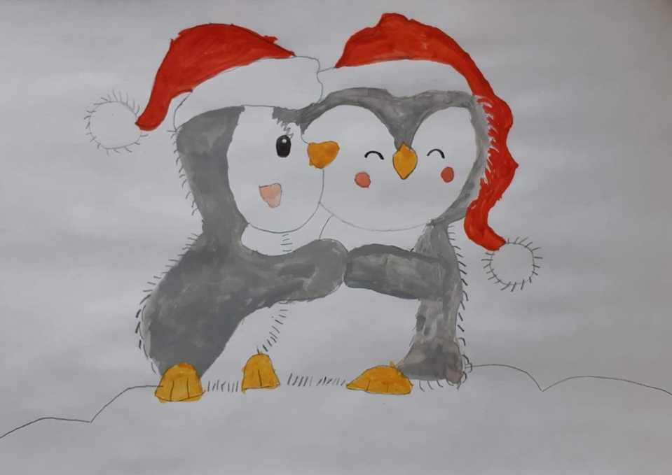 Детский рисунок - Новогодние пингвинчики