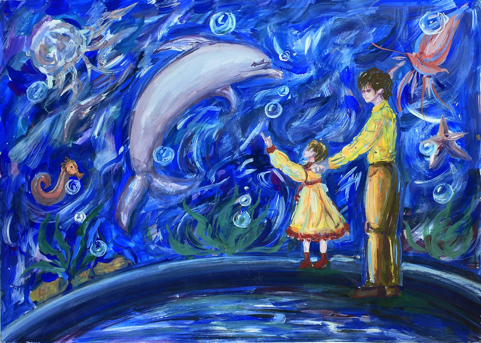 Детский рисунок - В дельфинарии