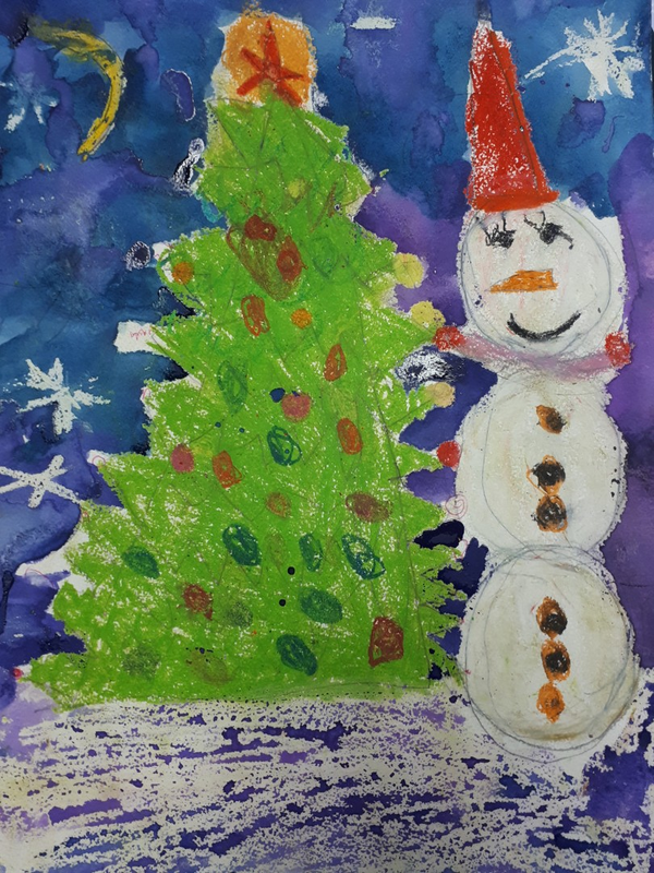Детский рисунок - Веселый снеговик
