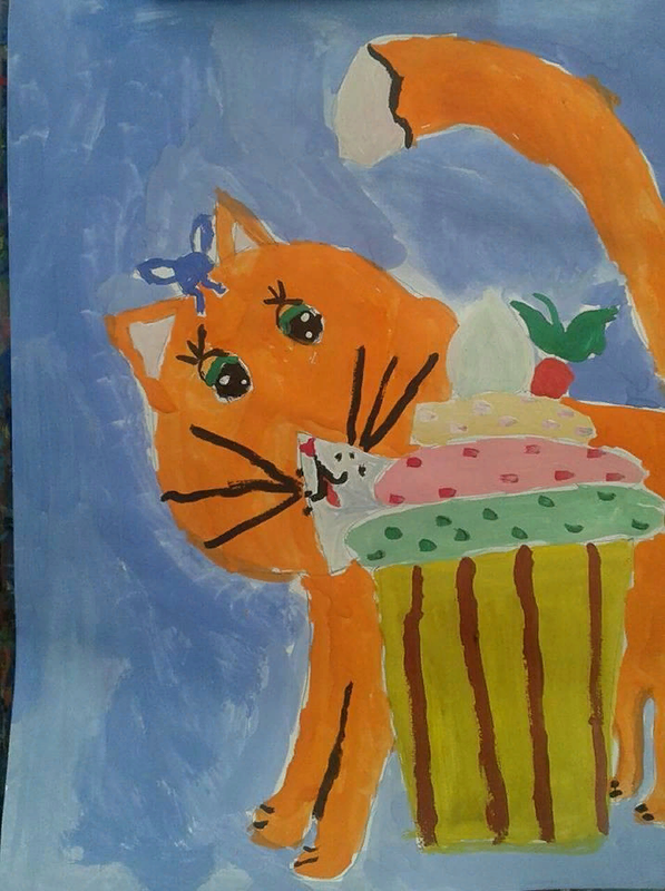 Детский рисунок - Кошка- сладкоежка