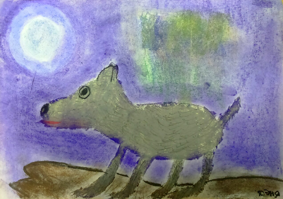 Детский рисунок - Волк и луна