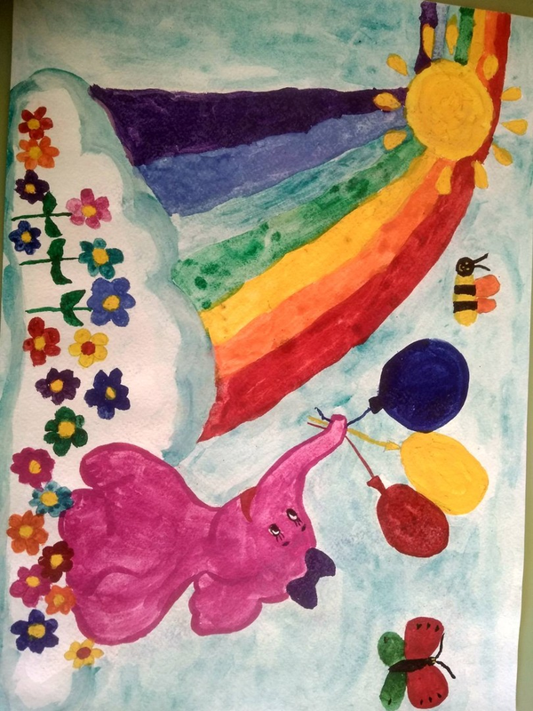 Детский рисунок - Розовый слоненок