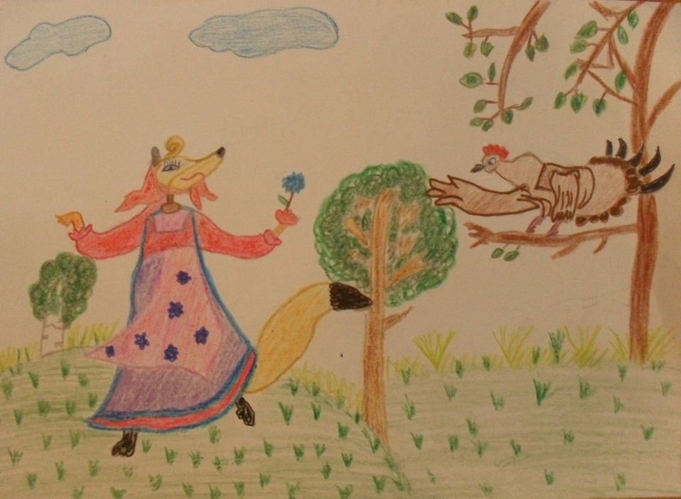 Детский рисунок - Лиса и тетерев