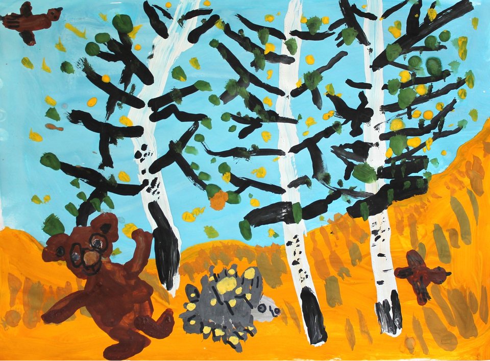 Детский рисунок - Медведь и ёжик в осеннем лесу